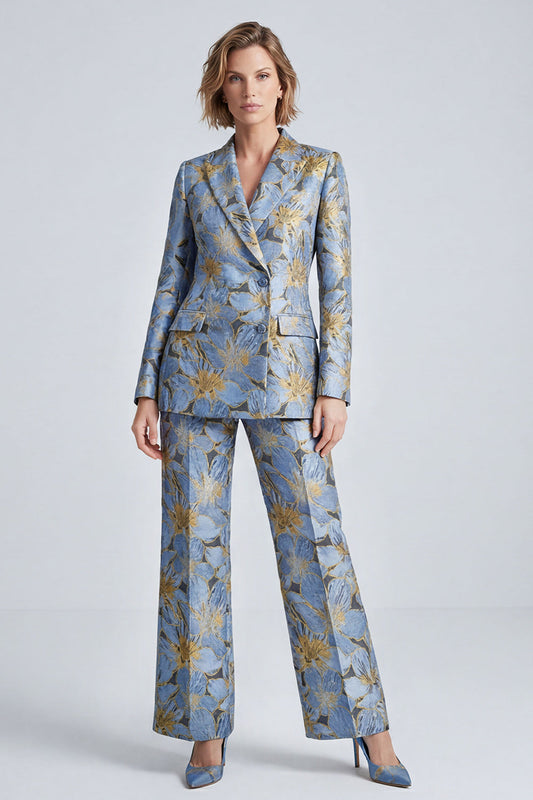 Costume de bal 2 pièces bleu poussière à revers cranté et motif floral