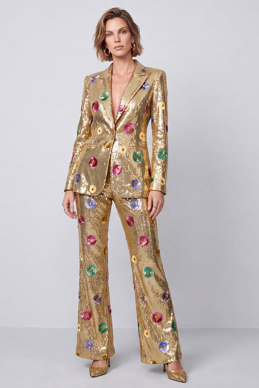 Costumes de bal à revers crantés dorés à paillettes, 2 pièces, 1 bouton