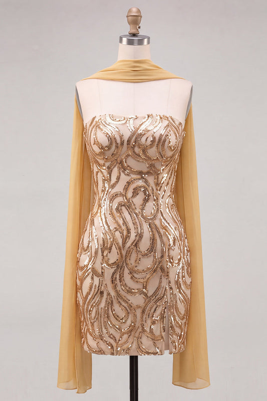 Gold Strapless Sequin Bodycon Short Homecoming Dress with Slit