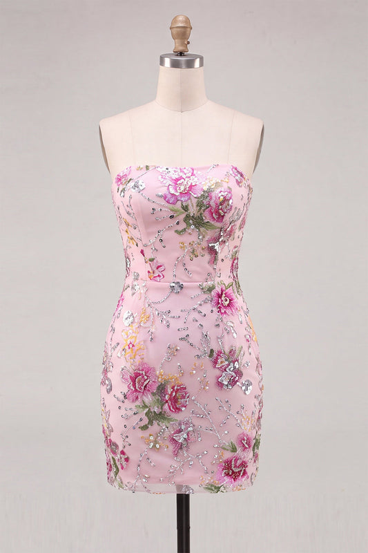 Pink Bodycon Strapless Floral Sequins Short Cocktail Dress