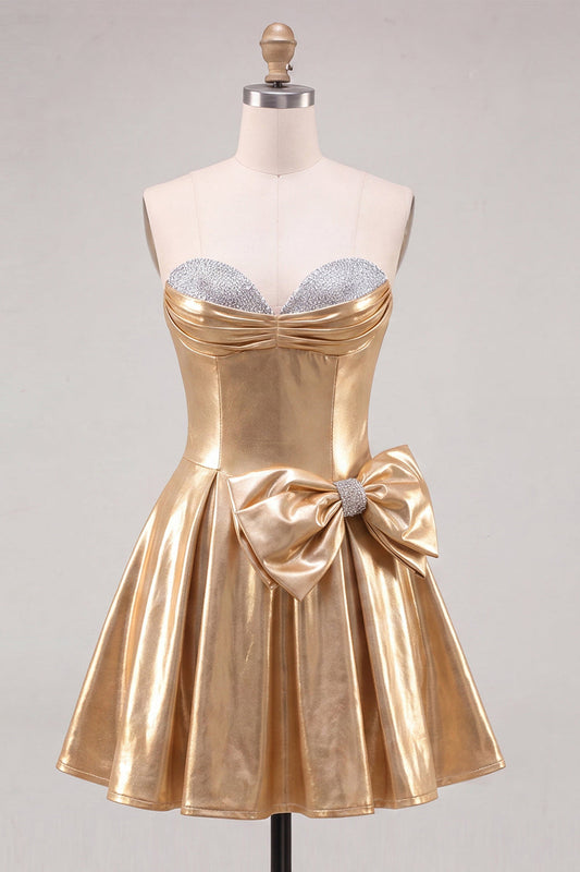 Gold Metallic Sweetheart A-Line Beaded Homecoming Dress with Bow