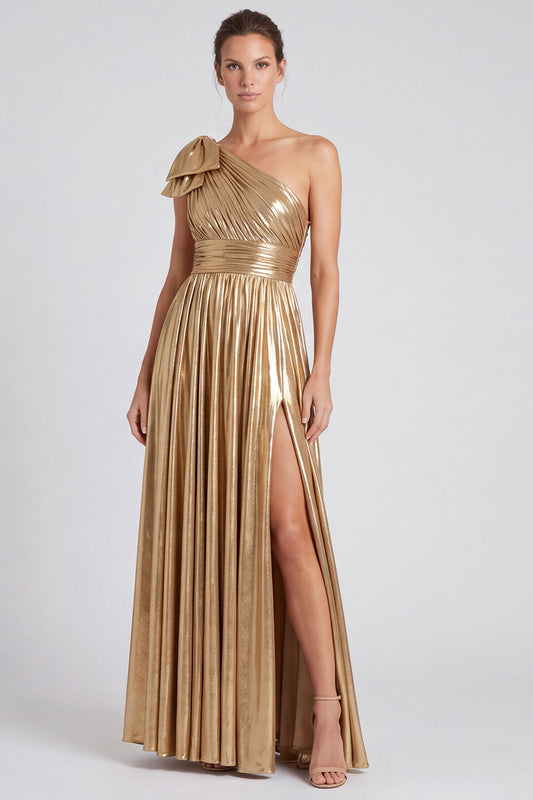 Gold Metallic One Shoulder A-Line Bow Long Formal Dress with Slit
