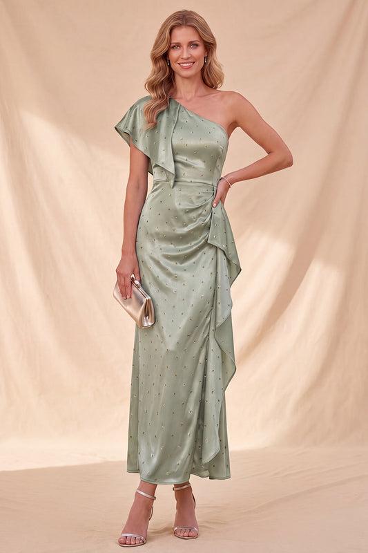 Robe longue sirène asymétrique en satin à volants et perles vert sauge