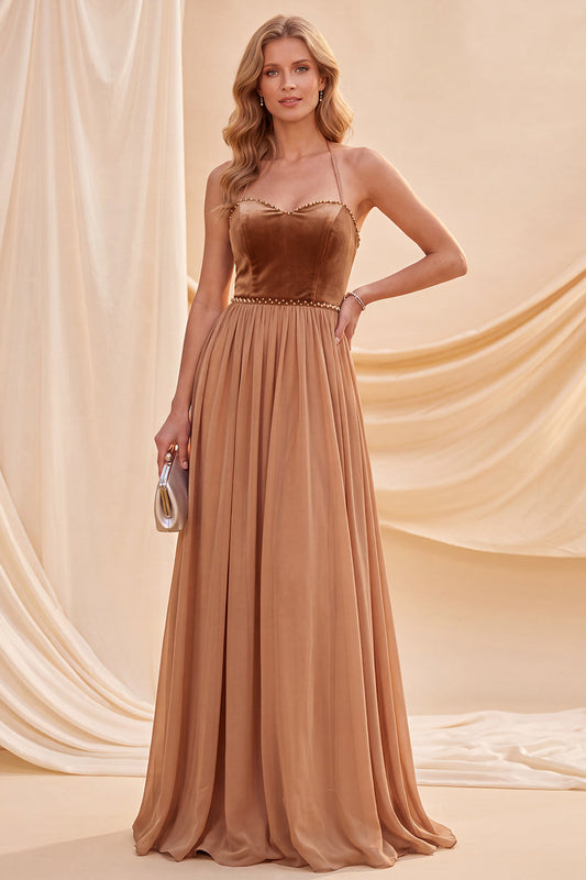 Robe longue évasée kaki à col licou ornée de perles