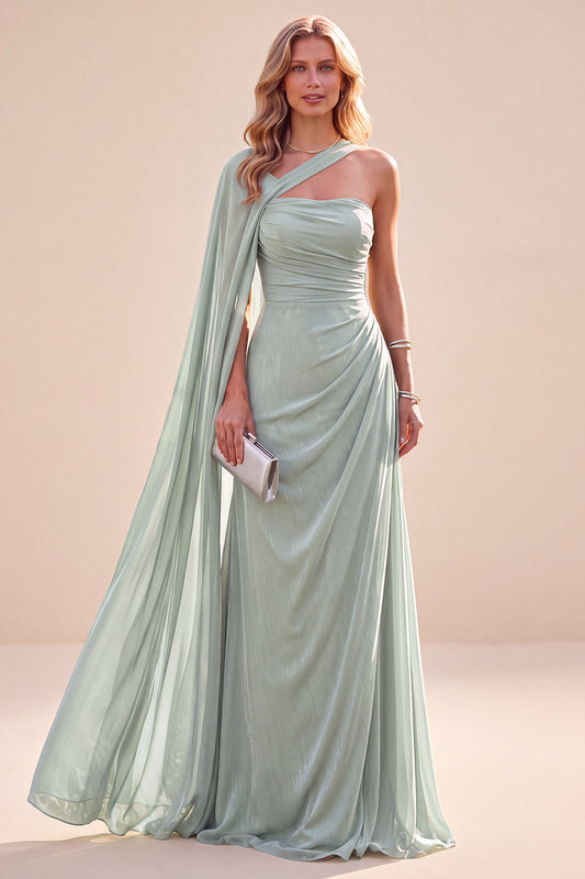 Robe longue asymétrique en mousseline plissée ligne A vert menthe avec cape