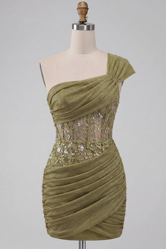Robe de bal courte drapée à corset transparent olive à une épaule avec laçage au dos