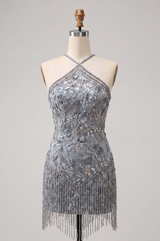Robe courte de cocktail moulante grise à encolure dos nu, perles florales et franges