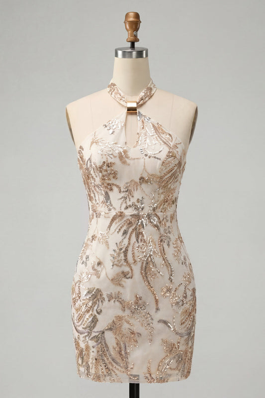 Champagne Halter Neck Bodycon Sequin Backless Short Homecoming Dress