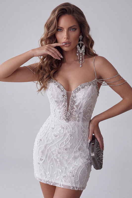 White Off-the-Shoulder Beaded Bodycon Short Homecoming Dress with Rhinestones