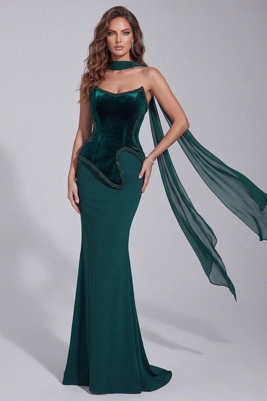 Robe de soirée bustier corset sirène perlée vert foncé avec écharpe assortie