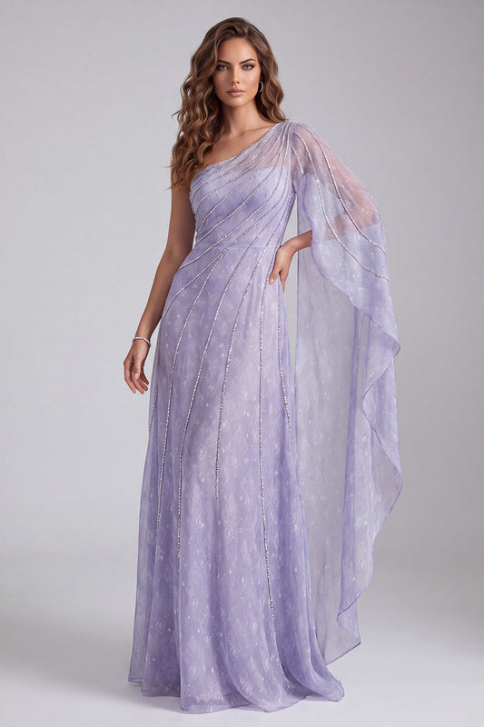 Robe de soirée fourreau asymétrique une épaule lilas avec cape latérale