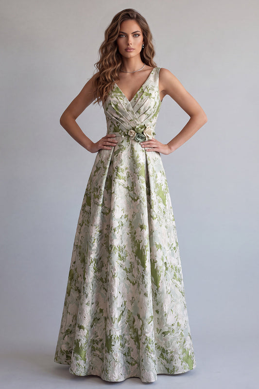 Robe de soirée trapèze jacquard froncé vert clair à fleurs et fleur 3D