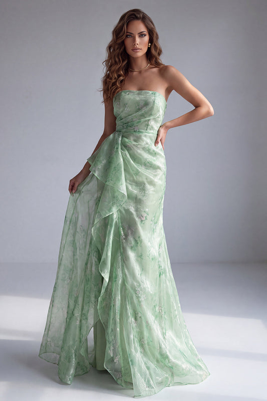 Robe de soirée sirène verte bustier plissée à fleurs et volants