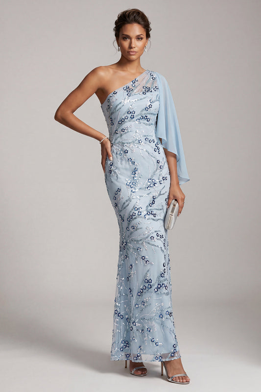 Robe longue de mère de la mariée sirène asymétrique à paillettes florales bleu ciel