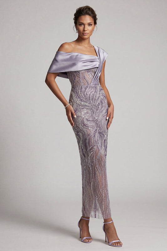 Robe longue de mère de la mariée moulante lilas à perles, une épaule et fente