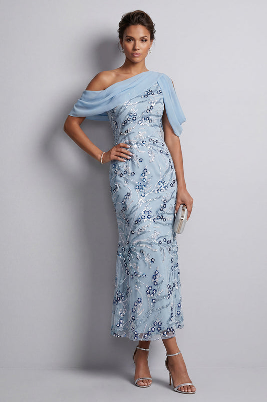 Robe longue de mère de la mariée moulante bleu ciel à une épaule avec paillettes florales