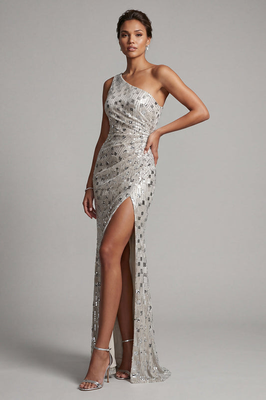 Robe longue de mère de la mariée sirène, à une épaule, perlée argentée, avec fente