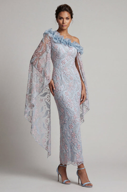 Robe longue de mère de la mariée moulante bleu poudré à fleurs, asymétrique, perlée et volantée