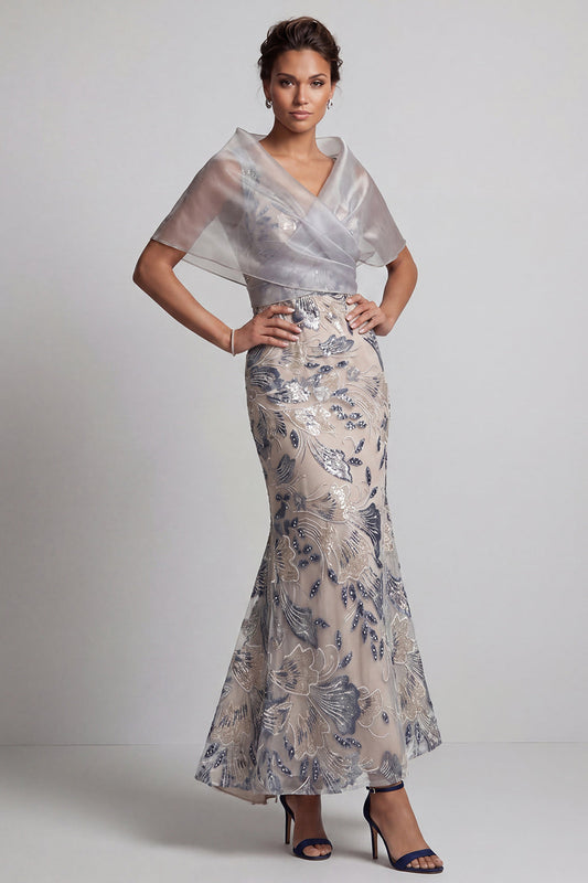 Robe sirène longue fleurie en sequins avec col en V et cape pour mère de la mariée