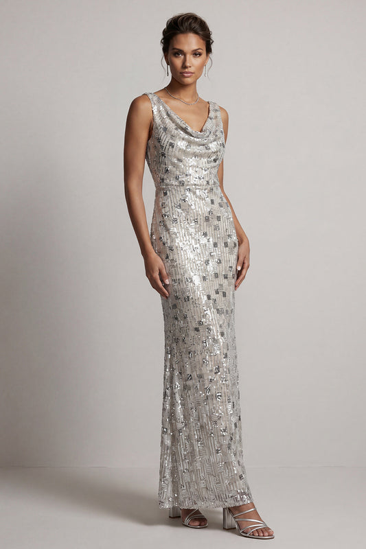 Robe longue sirène à sequins avec col bénitier argenté étincelant pour la mère de la mariée
