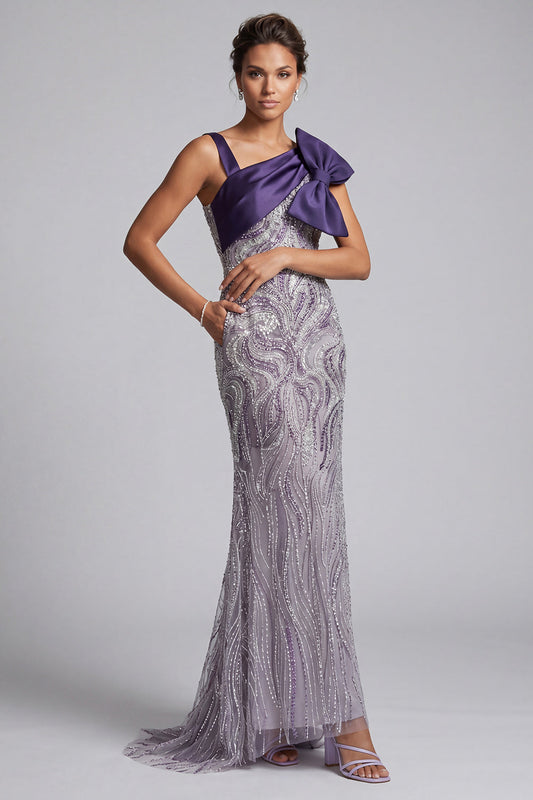 Robe longue sirène pour mère de la mariée violette ornée de perles avec nœud et poches