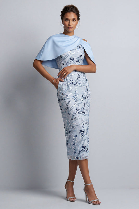 Robe fourreau midi bleu ciel à fleurs et sequins pour mère de la mariée avec poches