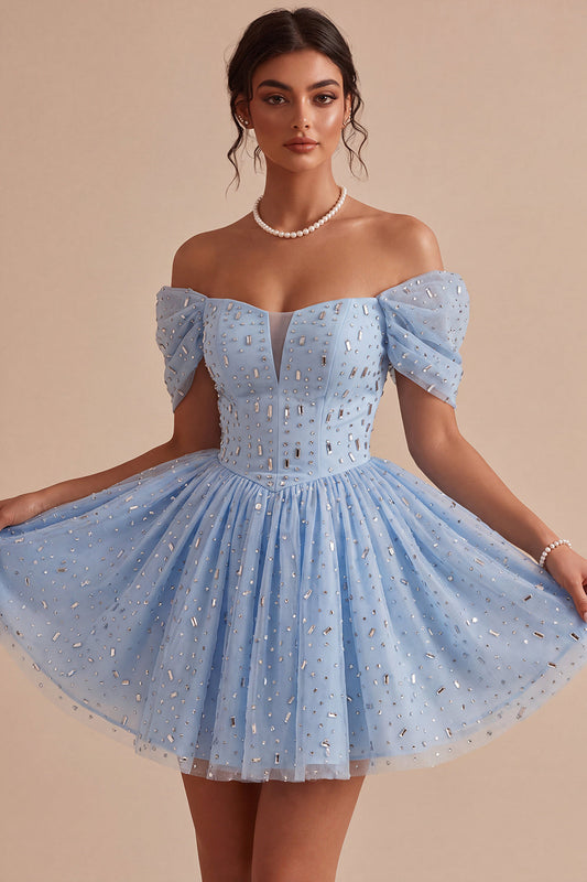 Robe Courte de Soirée Bleue à Volants, Épaules Dénudées, Corset Perlé, Coupe Trapèze