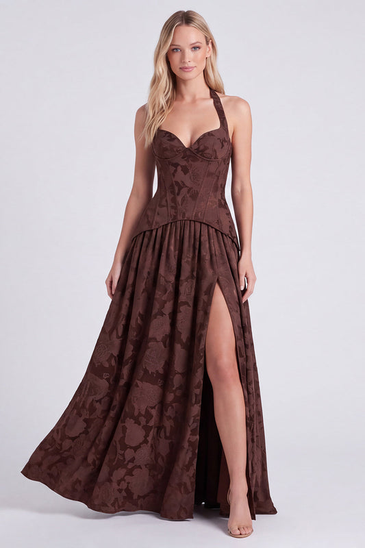 Halter Neck Espresso A-Line Corset Floral Lace-Up Back Long Bridesmaid Dress with Slit