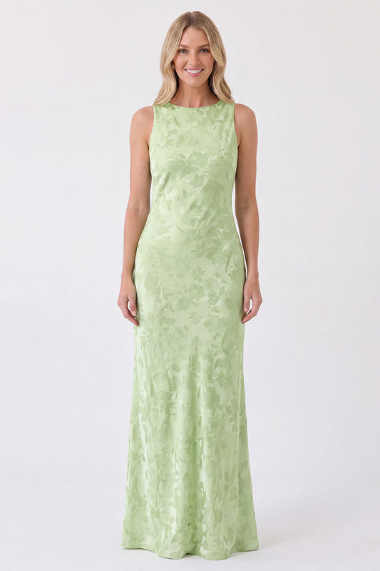 Sage Floral Bateau Neck Mermaid Backless Long Bridesmaid Dress