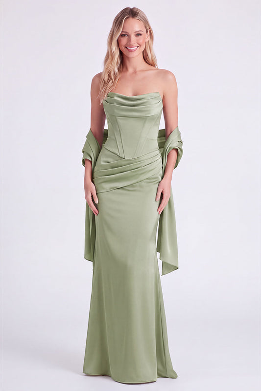 Mermaid Sage Strapless Corset Ruched Long Bridesmaid Dress with Lace Up Back