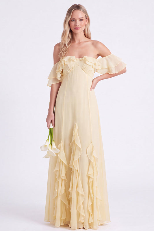 Off the Shoulder Daffodil Chiffon Ruffled Long Bridesmaid Dress