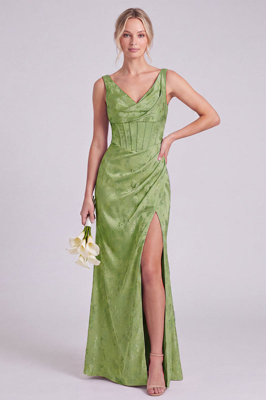 Mermaid Green V-Neck Floral Corset Ruched Long Bridesmaid Dress with Slit