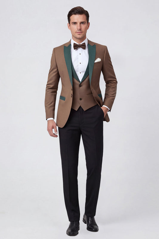 Costume de bal 3 pièces marron à revers pointu et un bouton pour homme