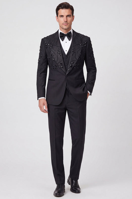 Costume de bal pour homme 3 pièces noir avec revers châle, un bouton et perles
