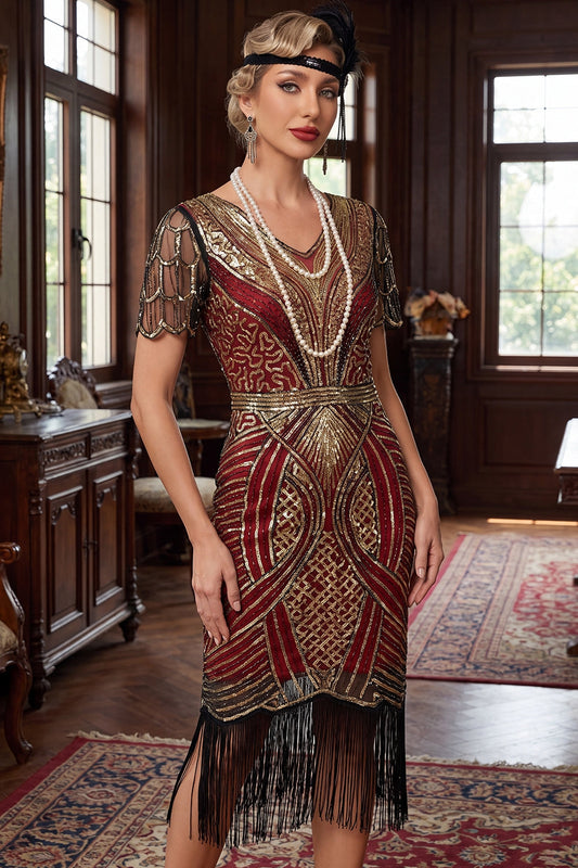 Robe courte de soirée Rouge Doré à col en V à paillettes et coupe moulante style années 20, avec ourlet à franges