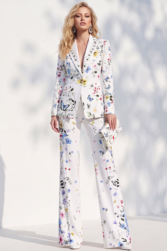 White Printed Peak Lapel Pantsuits Women's Prom Suits