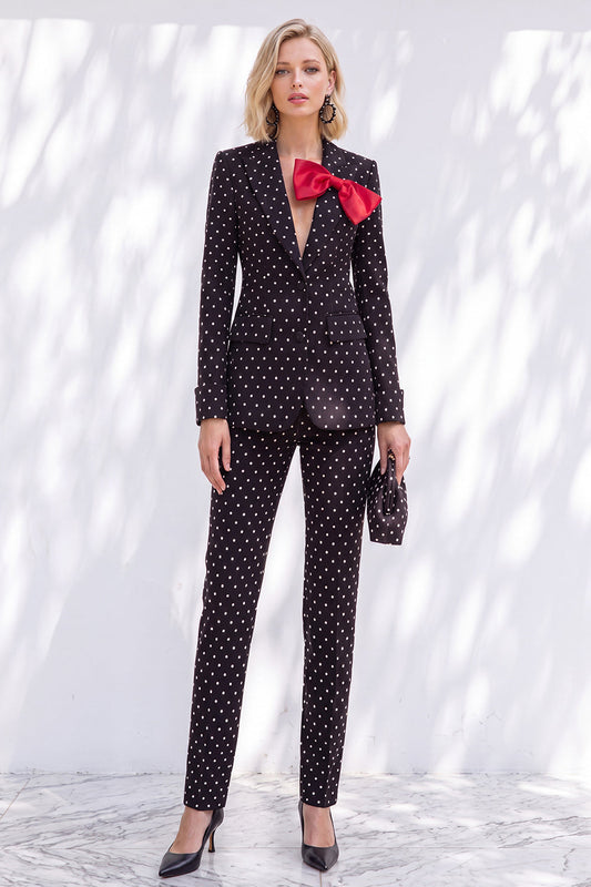 Black Polka Dot Pantsuits Peak Lapel Women's Wedding Suits with Bow