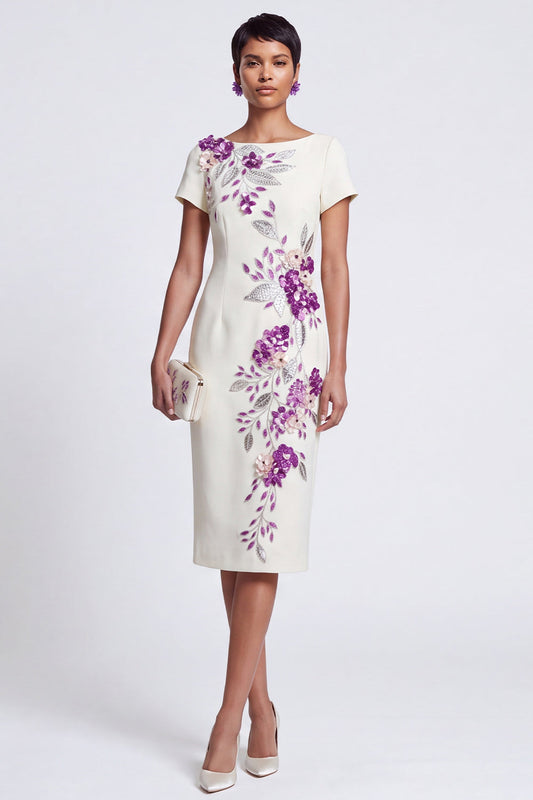 Robe de travail midi fourreau blanc col bateau broderie florale sequins avec appliqués 3D