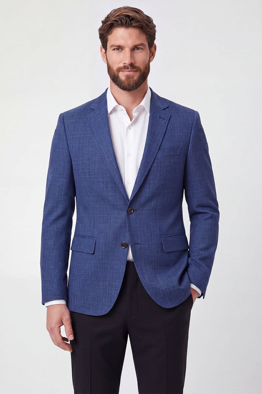 Veste de blazer bleue pour hommes, à simple boutonnage et revers crantés