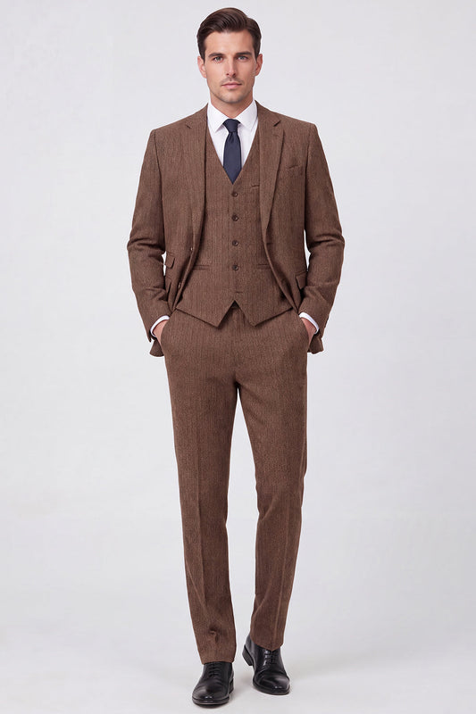 Costumes de bal pour homme 3 pièces marron à revers crantés, simple boutonnage