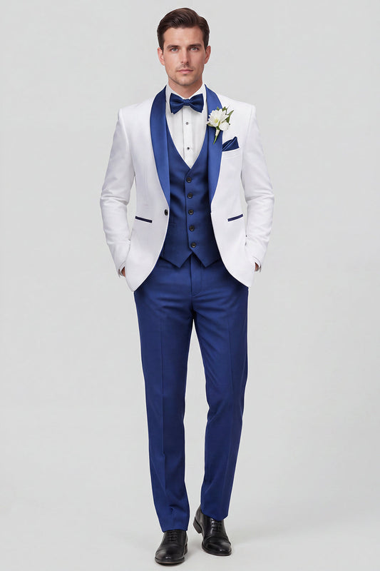 Costumes de mariage 3 pièces pour homme avec revers châle bleu et un bouton