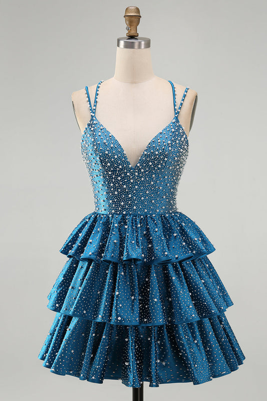 Robes courtes de bal de promo bleues ligne A avec perles et volants à plusieurs niveaux et perles