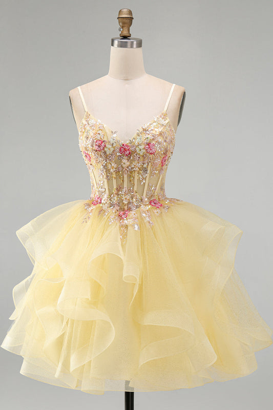 Robe de bal Yellow A-Line Corset avec perles brodées, décolleté en V et volants