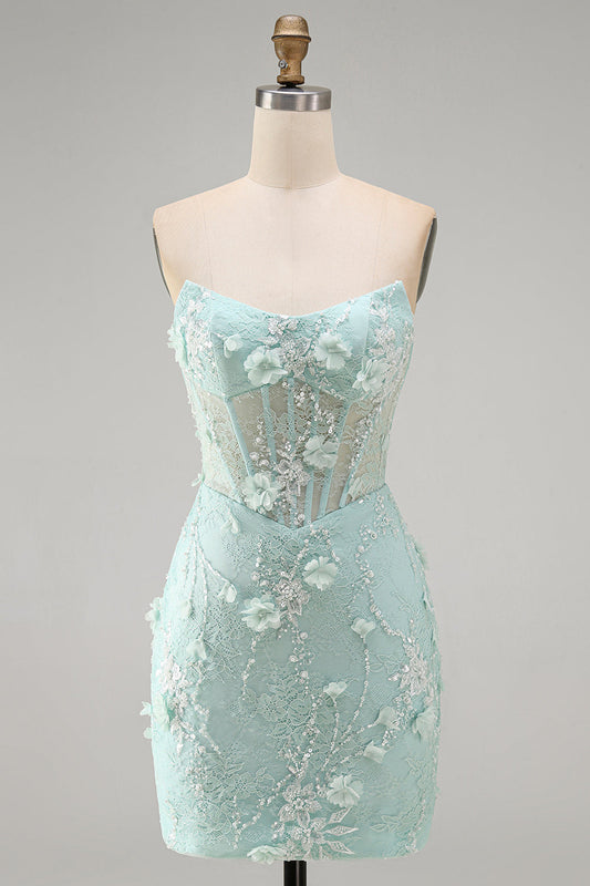 Robe de bal courte corset florale 3D transparente en dentelle serrée sans bretelles avec perles