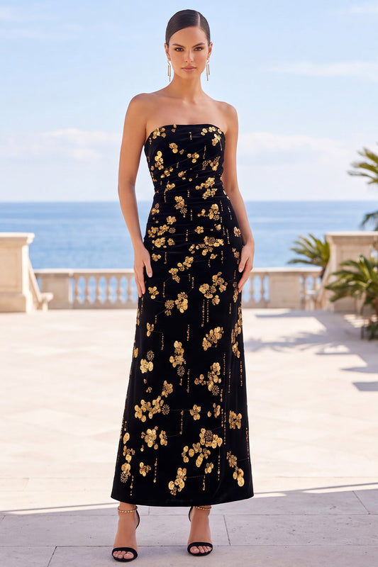 Robe longue trapèze bustier à imprimé floral noir et doré