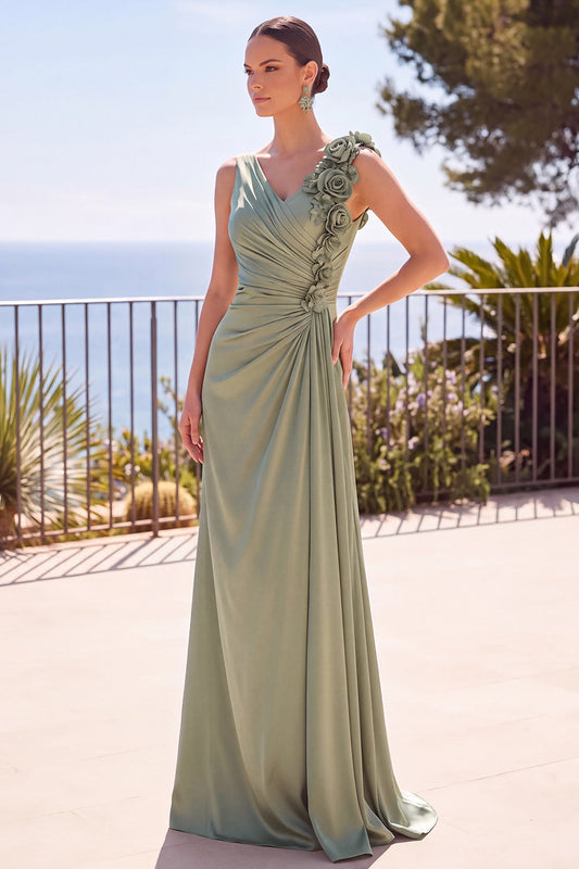 Sage Green V-Neck Ruched 3D Floral Appliques Sheath Long Formal Dress