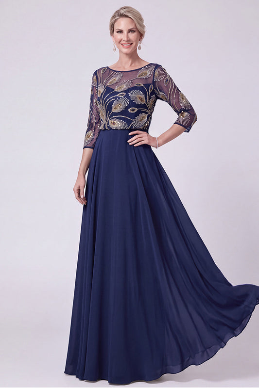 Robe Longue de Mère de la Mariée Bleu Marine Perles Col Bateau Illusion Coupe A-Line