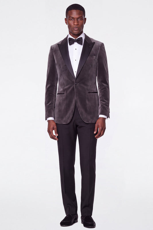 Costume de bal 2 pièces en velours gris foncé pour homme, col châle, un bouton