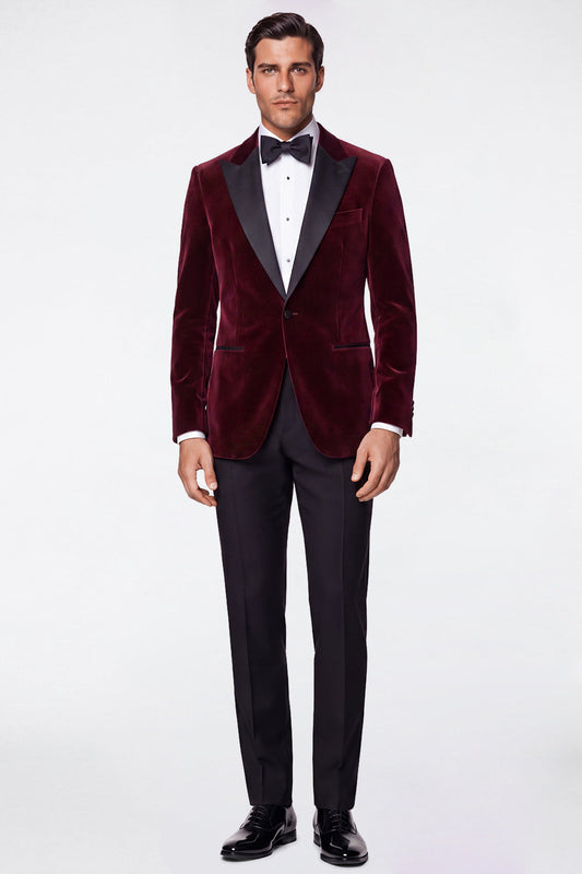 Costumes de bal pour hommes en velours bordeaux deux pièces avec revers en pointe et simple boutonnage