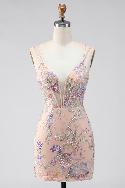 Bodycon Spaghetti Straps Sequin Floral Embroidery Corset Short Homecoming Dress